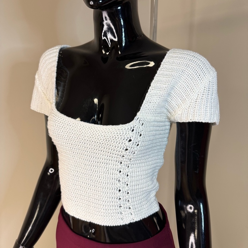 Crochet Style Open Back Corset Tie Crop Top White Cottagecore Small Square Neck - Picture 2 of 4